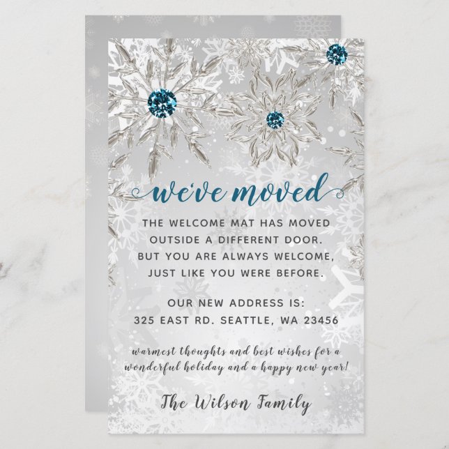 Budget Aqua Snowflakes We've Moved Holiday Cards (Front/Back)