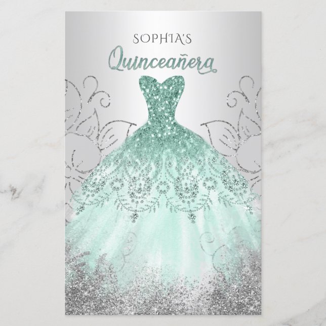 Budget Aqua Sparkle Dress Quinceañera Invitation (Front)