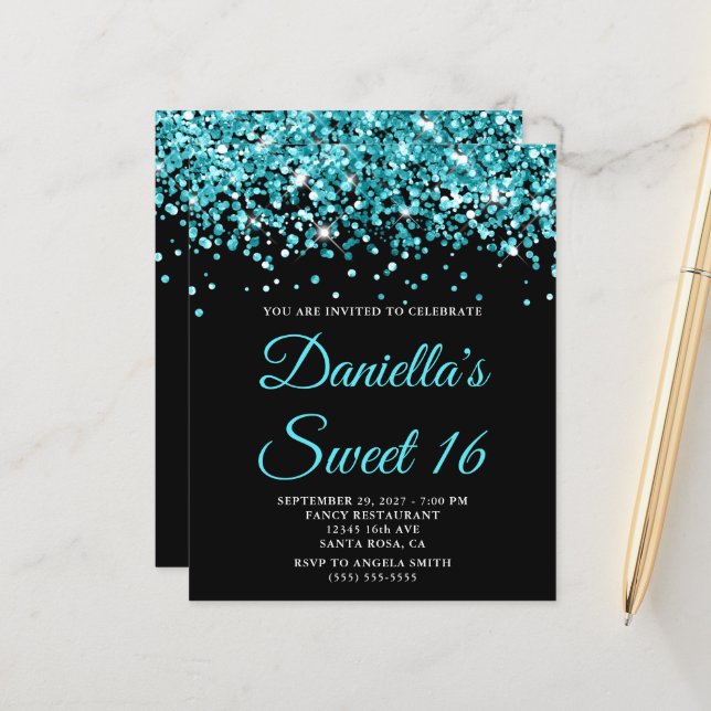 Budget Aqua Teal Glitter Black Sweet 16 Invite (Front/Back In Situ)