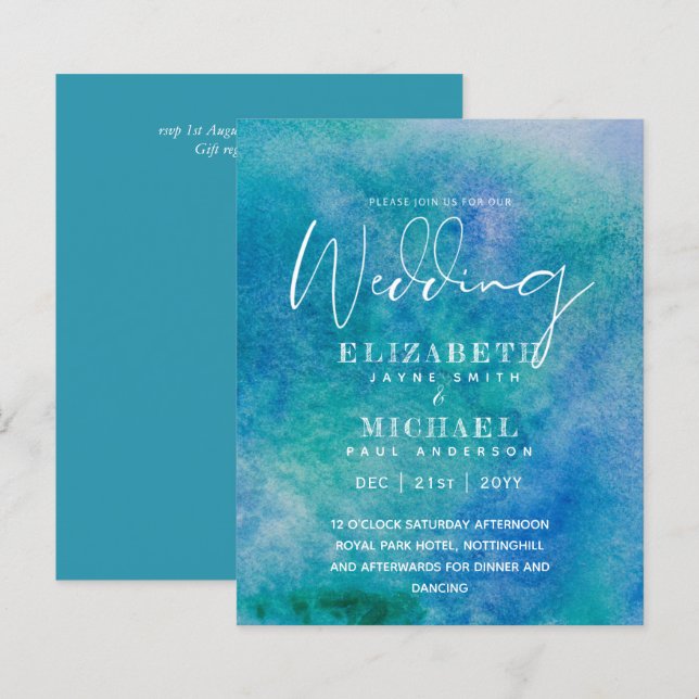 BUDGET Aqua Watercolor Wedding Invite Ocean Beach (Front/Back)
