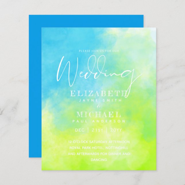BUDGET Aqua Watercolor Wedding Invite Ocean Beach (Front/Back)