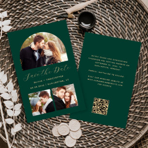 Budget Arch 3-Photo Collage Green QR Save the Date
