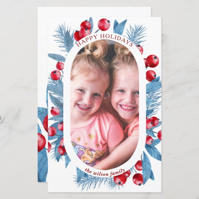 Budget Arch Blue Holly Berries Photo Holiday Card (Front/Back)