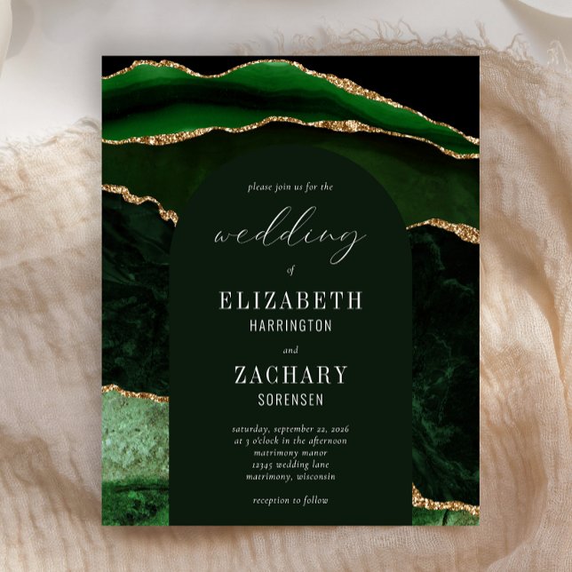 Budget Arch Hunter Green Gold Agate Wedding Invite (Creator Uploaded)