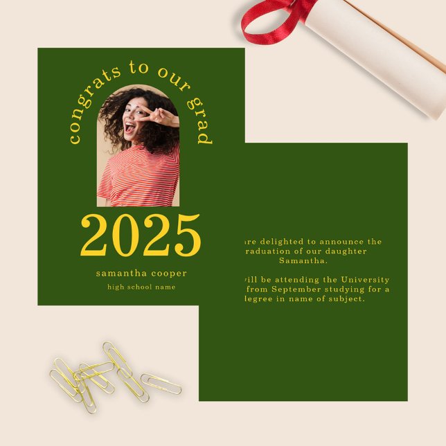 Budget Arch Photo 2025 Grad Green Announcement (front and back view)