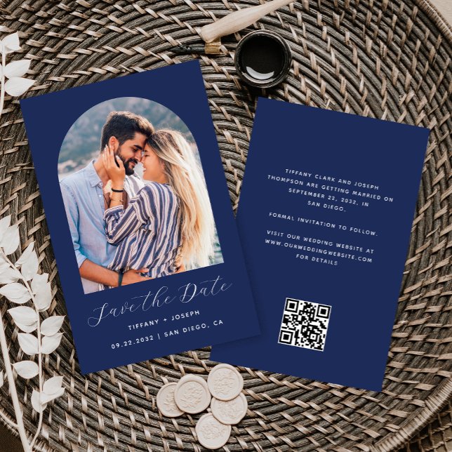 Budget Arch Photo QR Code Navy Blue Save the Date (Creator Uploaded)
