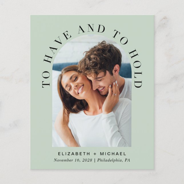 Budget Arch Photo QR Code Sage Wedding Invitation (Front)