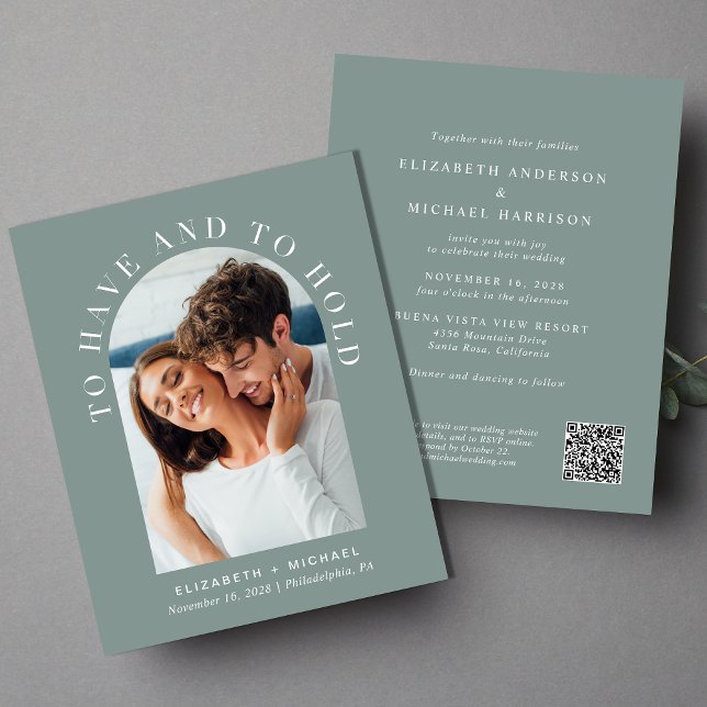Budget Arch Photo QR Code Sage Wedding Invitation (Creator Uploaded)
