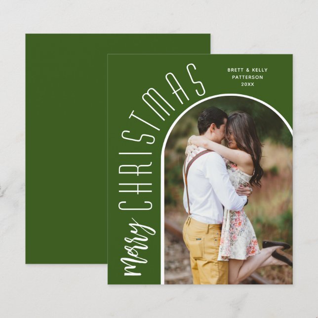 Budget Arched Merry Christmas Green Photo Cards (Front/Back)