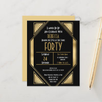 Budget Art Deco 40th Birthday Gold Black Invite