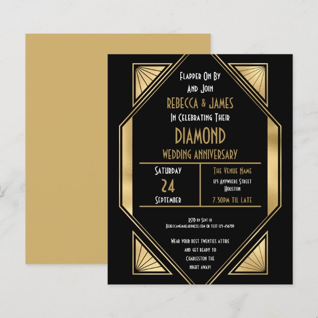 Budget Art Deco Diamond Wedding Anniversary Invite (Front/Back)