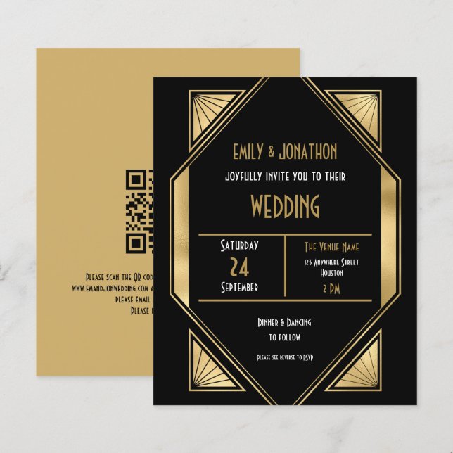 Budget Art Deco Gold Black QR Wedding Invitation  (Front/Back)