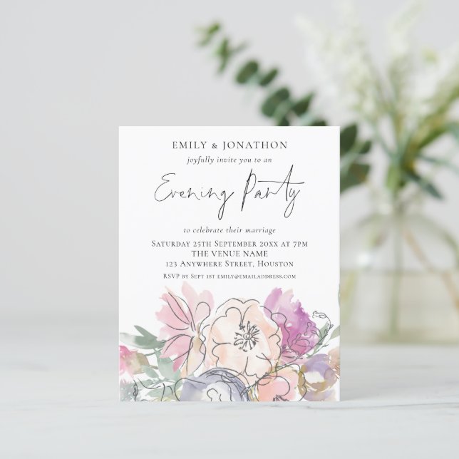 Budget Artsy Florals Wedding Evening Party Invite (Standing Front)