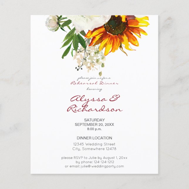 Budget Artsy Sunflower Floral Rehearsal Dinner Flyer (Front)
