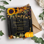 Budget autumn fall rustic wood wedding invitation<br><div class="desc">Rustic harvest fall sunflowers, autumn flowers and pumpkin BUDGET wedding invitation on a dark brown barn wood like background with string lights. Ideal for your fall chic rustic country barn outdoor backyard weddings. PLEASE READ THIS BEFORE PURCHASING! This is a budget affordable wedding card printed on a paper sheet (each...</div>