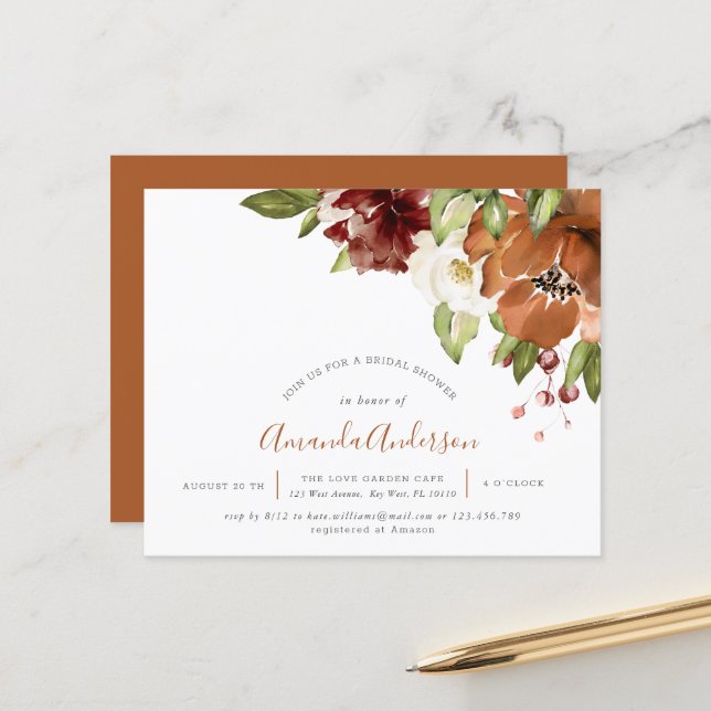 Budget Autumn Floral  Orange Bridal Shower Invite (Front/Back In Situ)