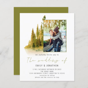 Budget Autumn Forest Photo QR Olive Wedding Invite