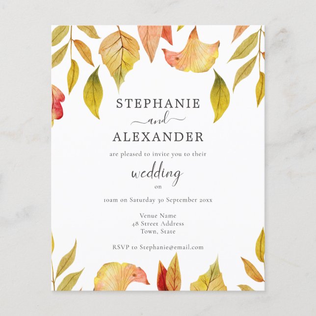 Budget Autumn Leaves Wedding Invitation (Front)