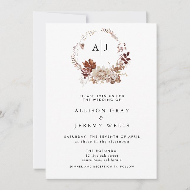 Budget Autumn Monogram Wedding Invitation (Front)
