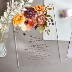 Budget Autumn Rustic Plum Orange Floral Wedding Acrylic Invitations