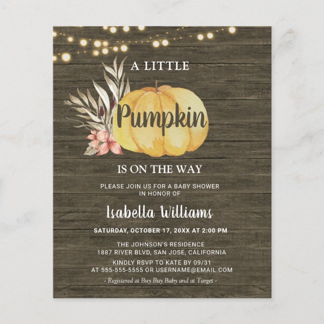 Budget Autumn Rustic Wood Pumpkin Baby Shower  (Front)