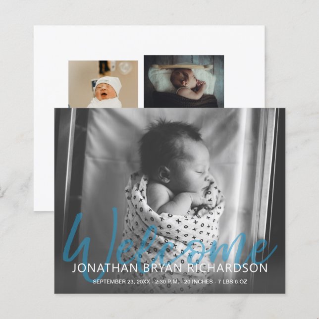 Budget B&W Blue Welcome Photo Baby Announcement (Front/Back)