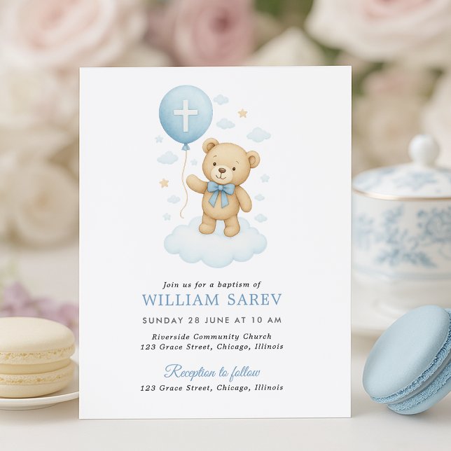 Budget Baby Boy Baptism Invitation with Teddy (Budget-friendly baptism invite with teddy and cross balloon – pastel tea party setup)