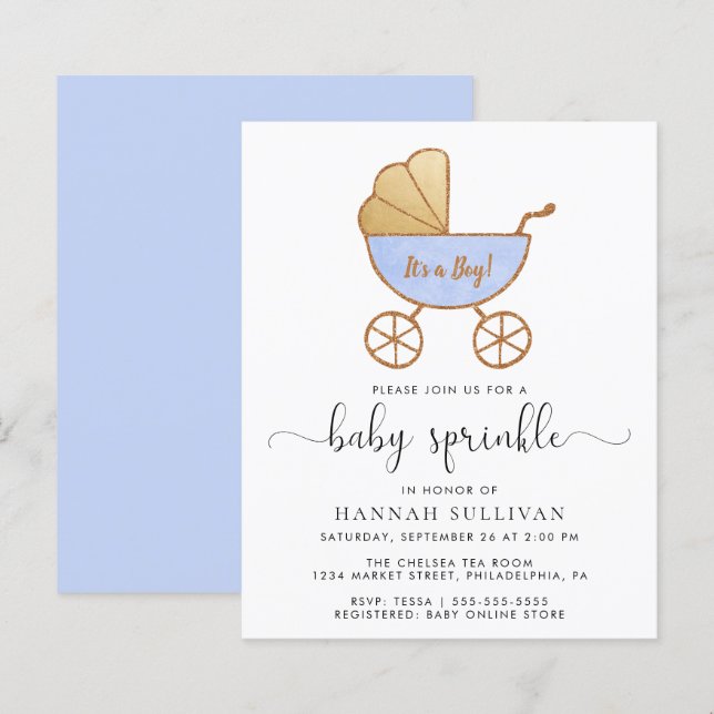 Budget Baby Boy Sprinkle Blue Carriage  Invite (Front/Back)