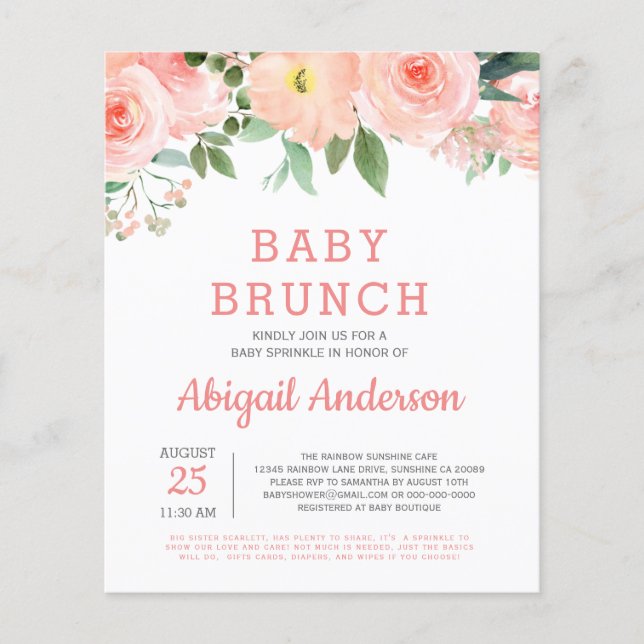 Budget Baby Brunch Watercolor Floral Invitation Flyer (Front)