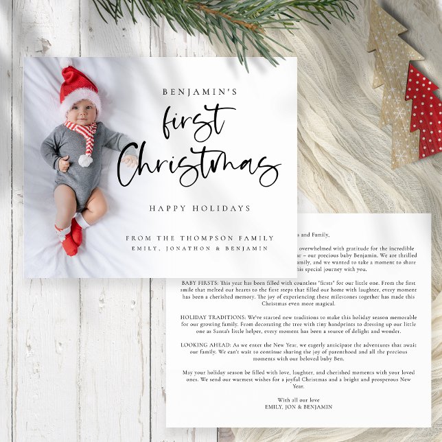 Budget Baby First Christmas Newsletter Photo Card (Front and back view. Budget price value 4.5 x 5.6" with your newsletter on the back)