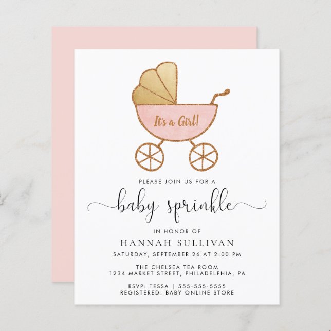 Budget Baby Girl Sprinkle Pink Carriage  Invite (Front/Back)