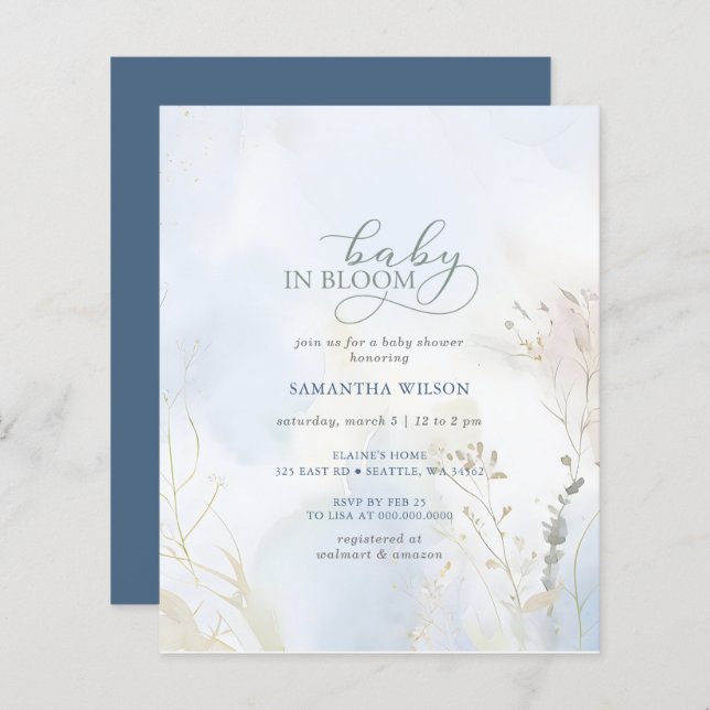 Budget Baby in Bloom Blue Floral Boy Baby Shower (Front/Back)