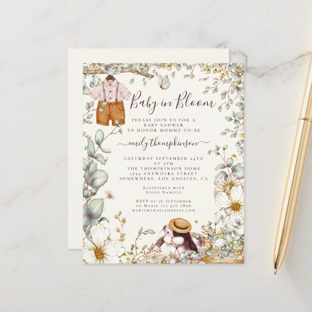 Budget Baby in Bloom Boy Shower Cream Invite (Front/Back In Situ)