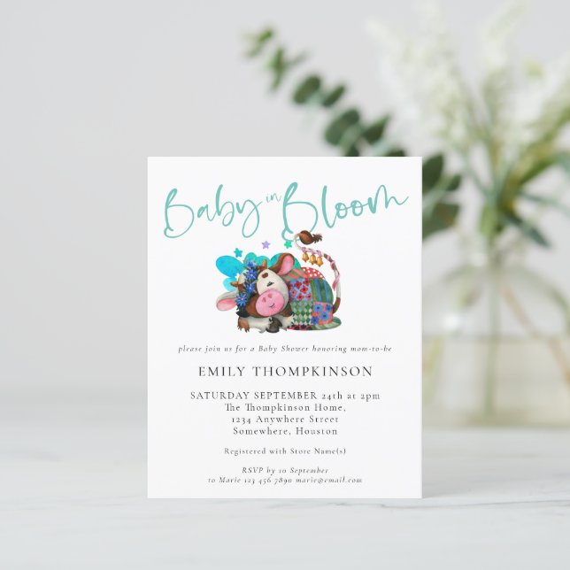 Budget Baby In Bloom Cow Asleep Baby Shower Invite (Standing Front)