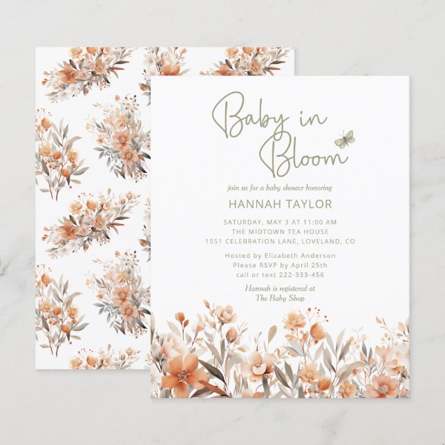 Budget Baby in Bloom Girl Boho Baby Shower Invite (Front/Back)