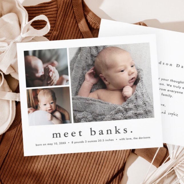 Budget Baby Photo Collage Birth Announcement  (Simple Typography 3 Photo Collage Baby Stats Birth Announcement Thank You Cards.)