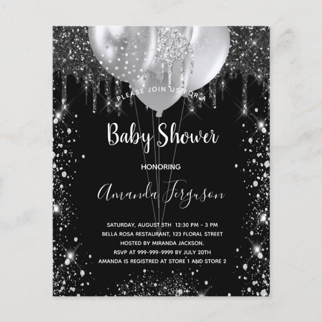Budget Baby Shower black silver invitation (Front)