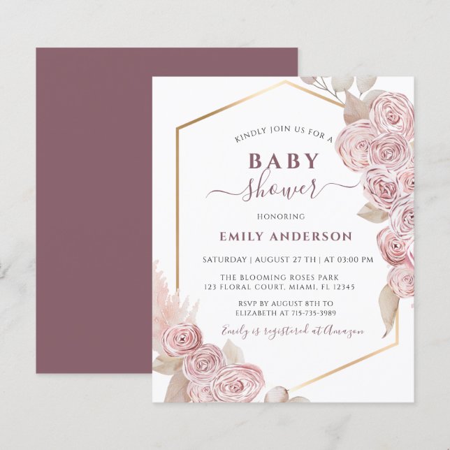 Budget Baby Shower Blush Pink Floral and Golden  (Front/Back)