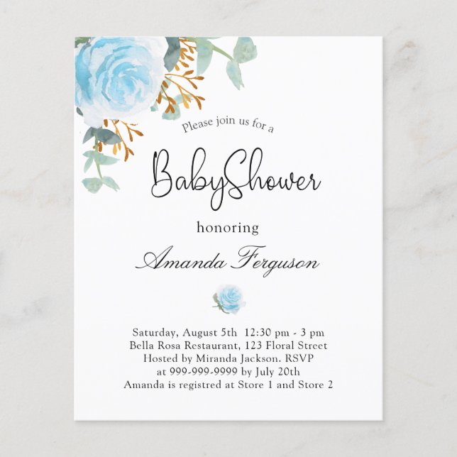 Budget Baby Shower boy blue floral invitation  (Front)