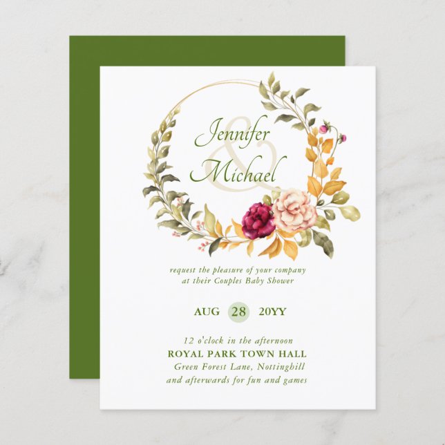 BUDGET Baby Shower Burgundy Floral Wreath Invite (Front/Back)