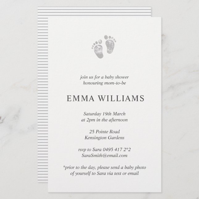 Budget Baby Shower Invitation Grey Footprint (Front/Back)