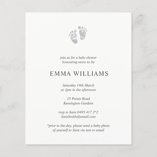 Budget Baby Shower Invitation Grey Footprint  Flyer (Front)
