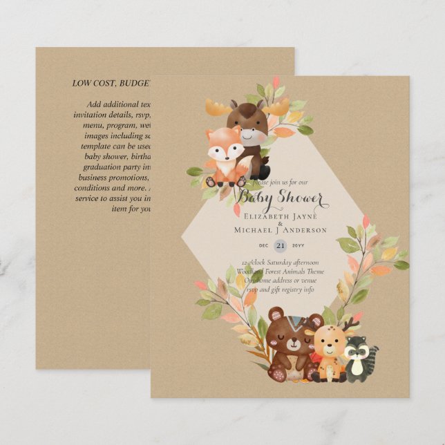 BUDGET BABY SHOWER INVITATIONS - Woodland Animals (Front/Back)