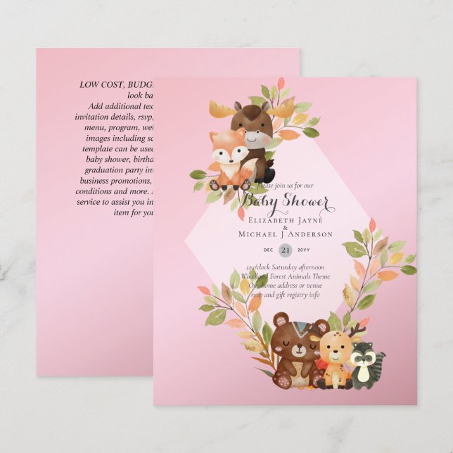BUDGET BABY SHOWER INVITATIONS - Woodland Animals (Front/Back)