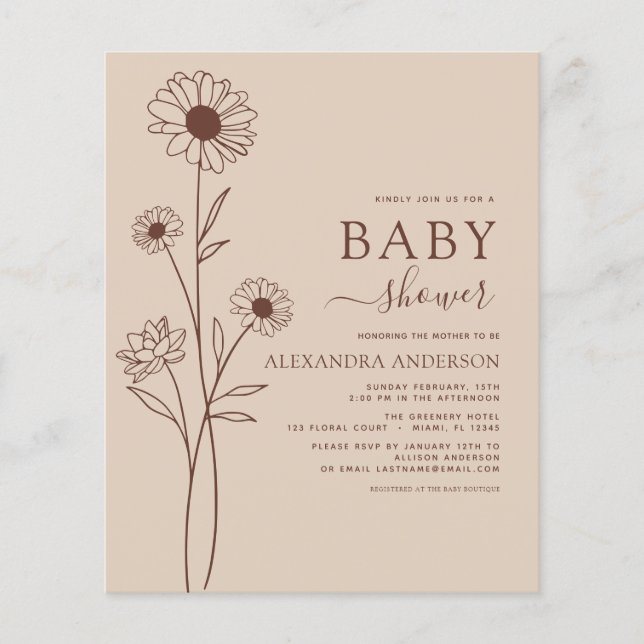 Budget Baby Shower Minimalist Botanical Floral Flyer (Front)