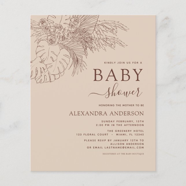 Budget Baby Shower Minimalist Pampas Grass Boho  Flyer (Front)