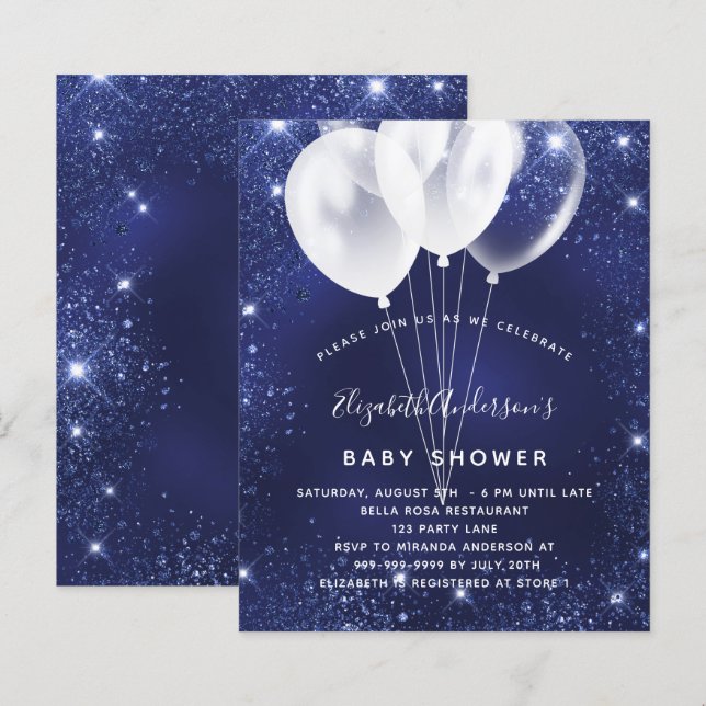 Budget Baby Shower navy blue balloon invitation (Front/Back)