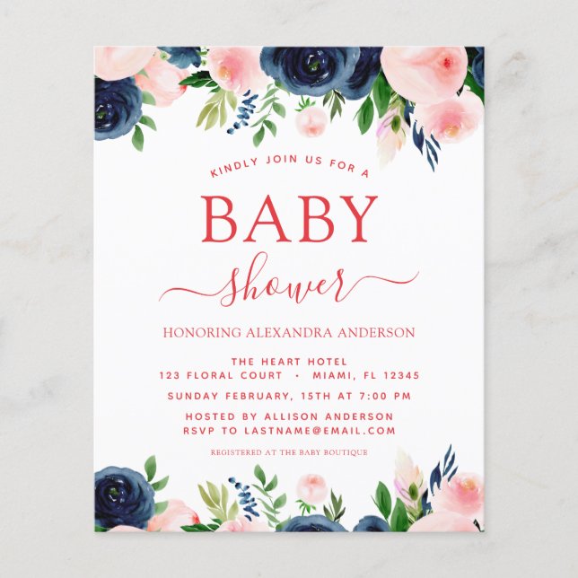 Budget Baby Shower Navy Blue Blush Pink Floral Flyer (Front)