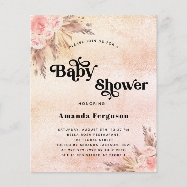 Budget Baby shower pampas blush pink invitation (Front)
