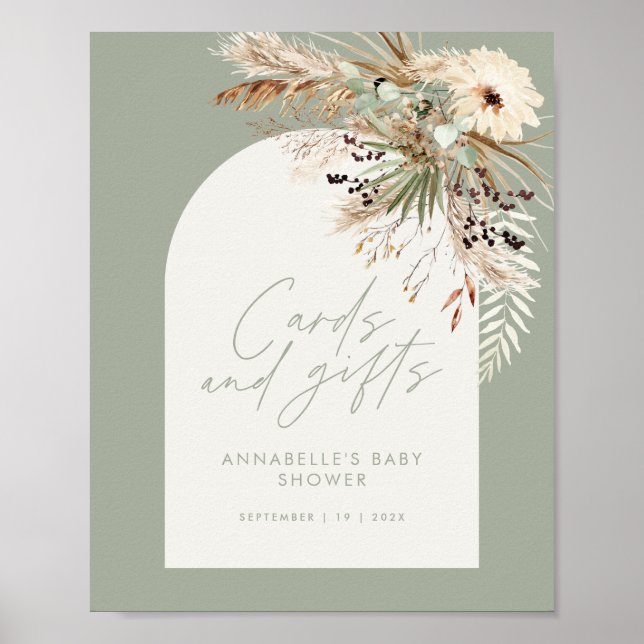 Budget baby shower pampas cards gifts sage green poster (Front)